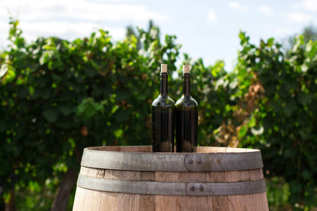 Garrafas de vinho em cima de barril, em uma das vinícolas que produzem os melhores vinhos argentinos.